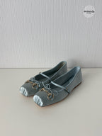 Gucci Light Blue Satin Horsebit Ankle Strap Bow Womens Ballet Flats