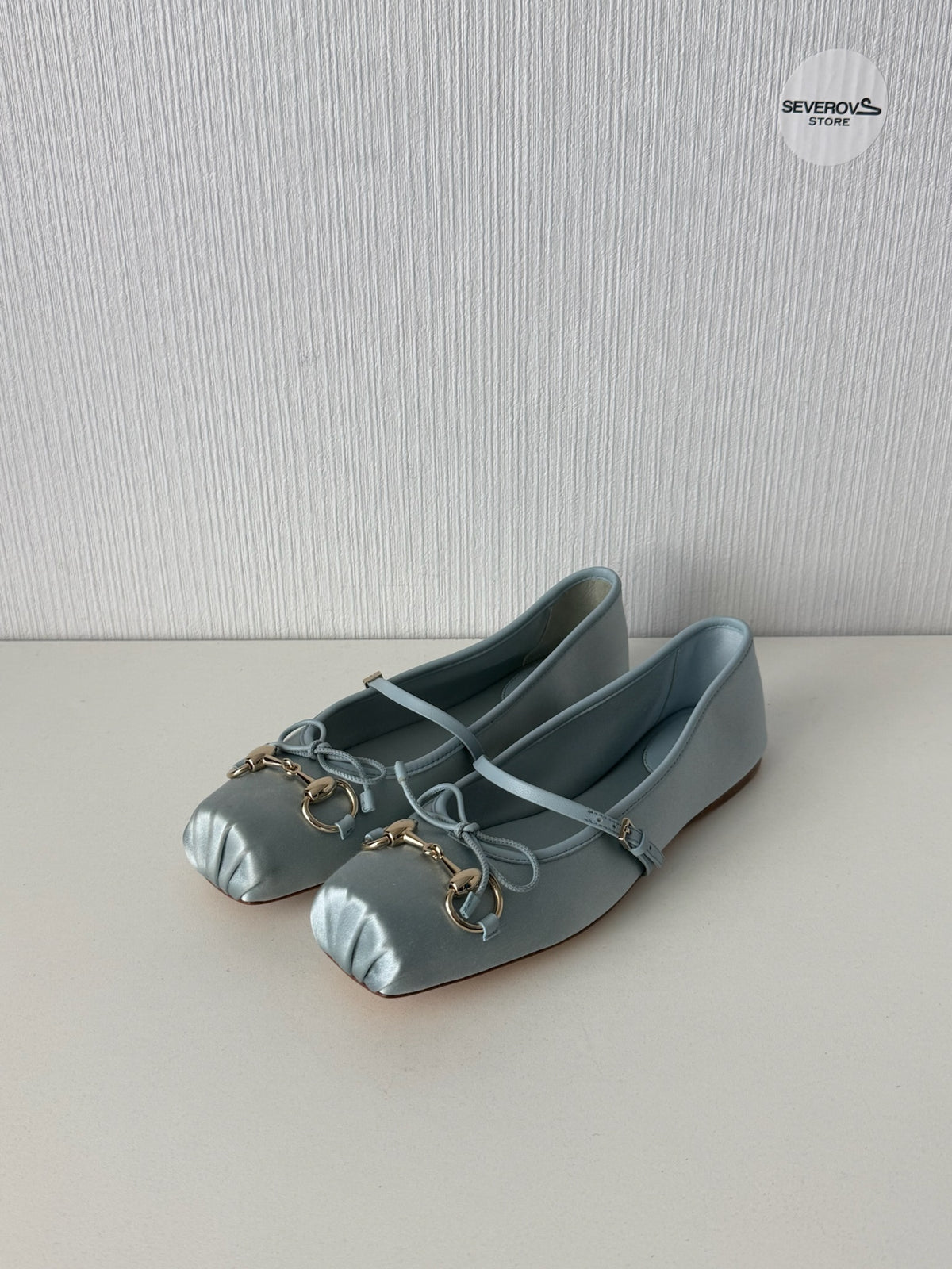 Gucci Light Blue Satin Horsebit Ankle Strap Bow Womens Ballet Flats