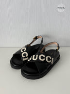 Gucci Black Leather Logo Cross Strap Womens Sandals
