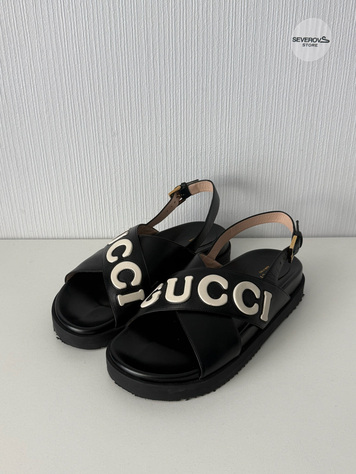 Gucci Black Leather Logo Cross Strap Womens Sandals