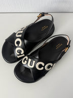 Gucci Black Leather Logo Cross Strap Womens Sandals