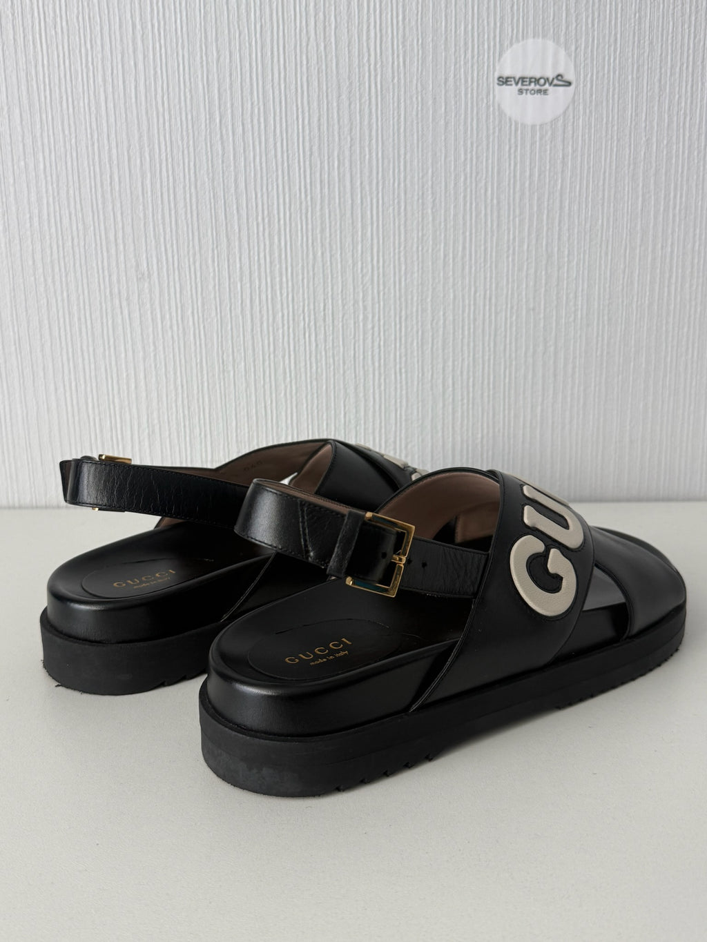 Gucci Black Leather Logo Cross Strap Womens Sandals