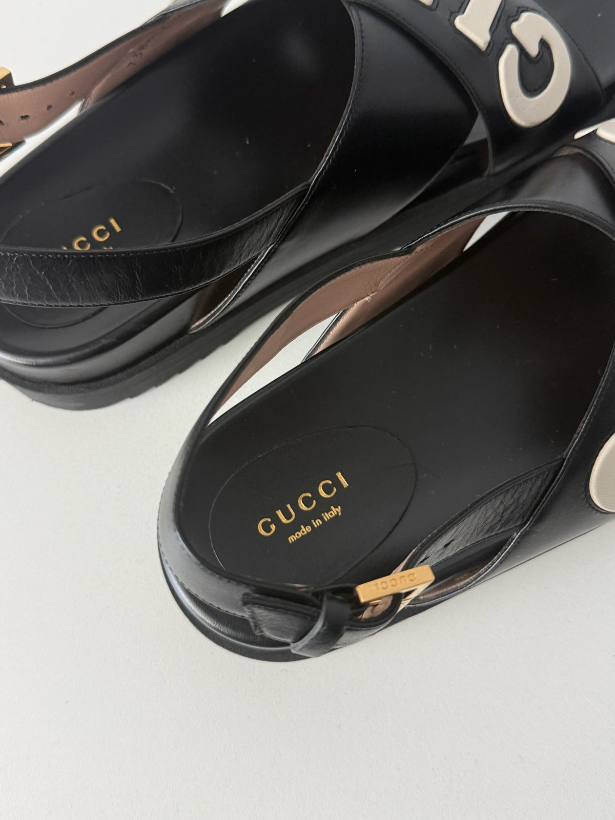 Gucci Black Leather Logo Cross Strap Womens Sandals