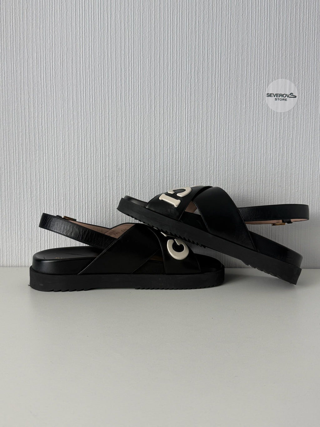 Gucci Black Leather Logo Cross Strap Womens Sandals