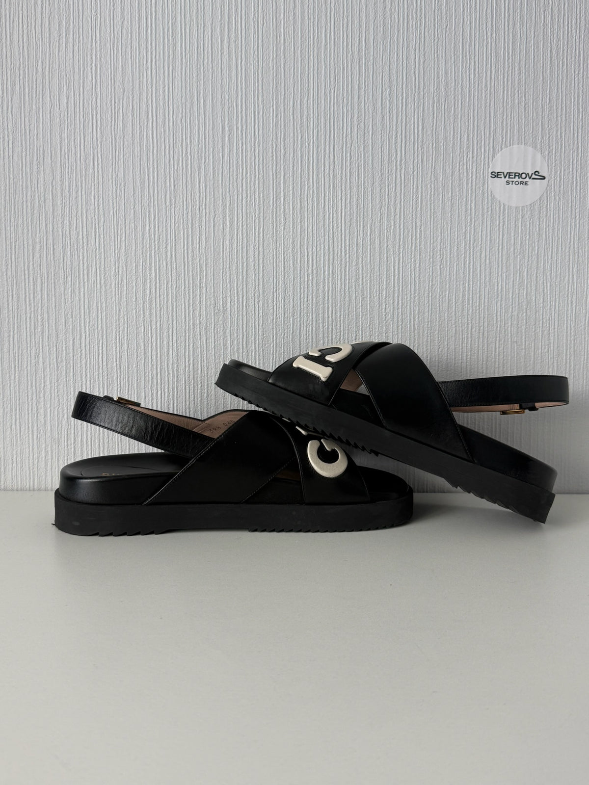 Gucci Black Leather Logo Cross Strap Womens Sandals