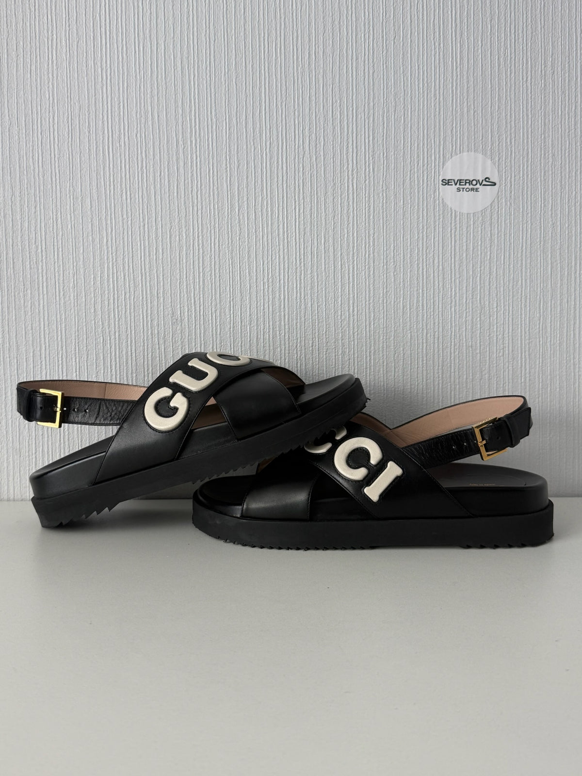 Gucci Black Leather Logo Cross Strap Womens Sandals