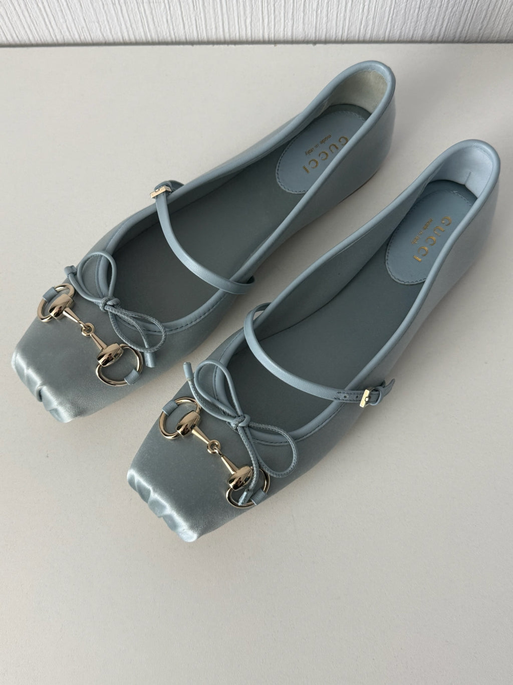 Gucci Light Blue Satin Horsebit Ankle Strap Bow Womens Ballet Flats