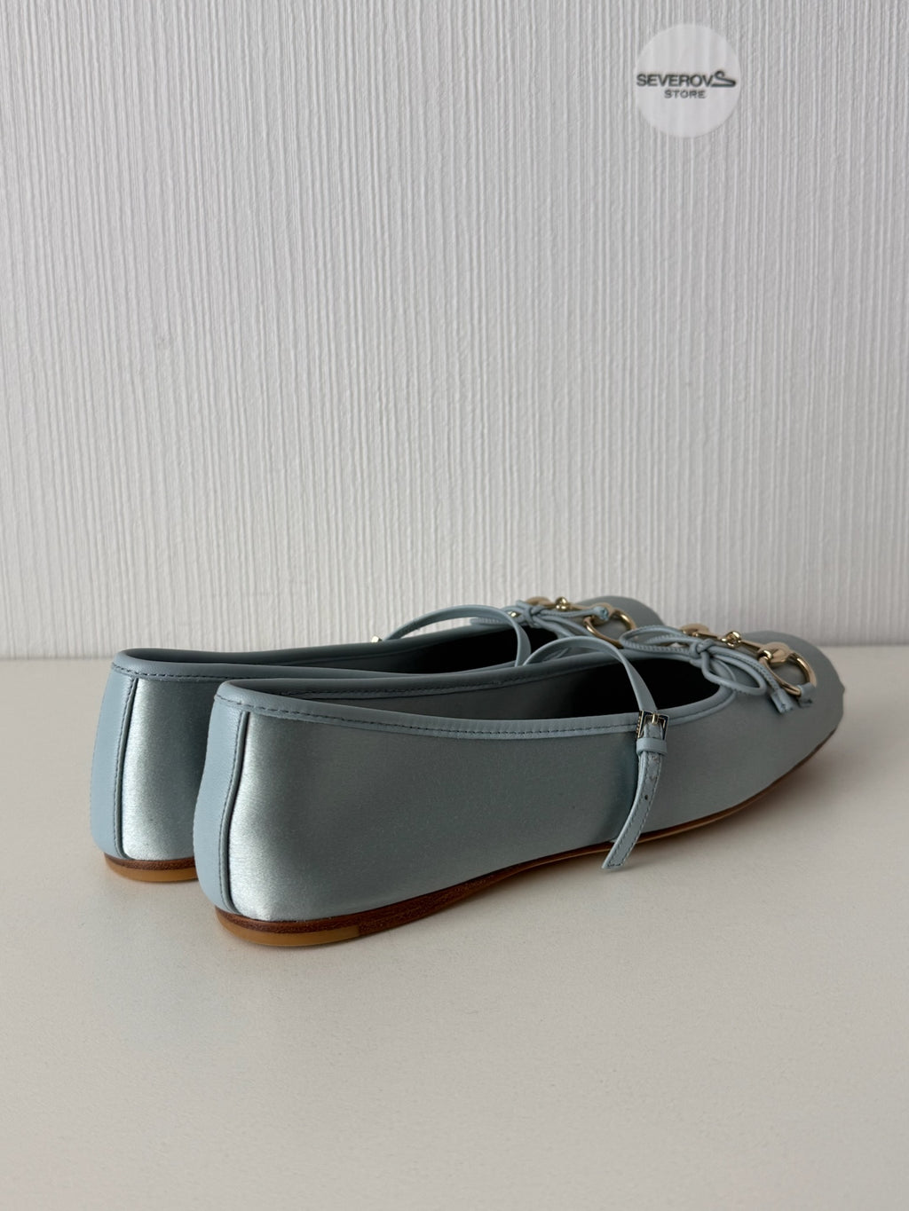 Gucci Light Blue Satin Horsebit Ankle Strap Bow Womens Ballet Flats