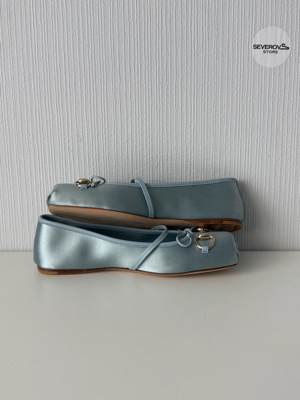 Gucci Light Blue Satin Horsebit Ankle Strap Bow Womens Ballet Flats