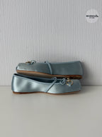 Gucci Light Blue Satin Horsebit Ankle Strap Bow Womens Ballet Flats