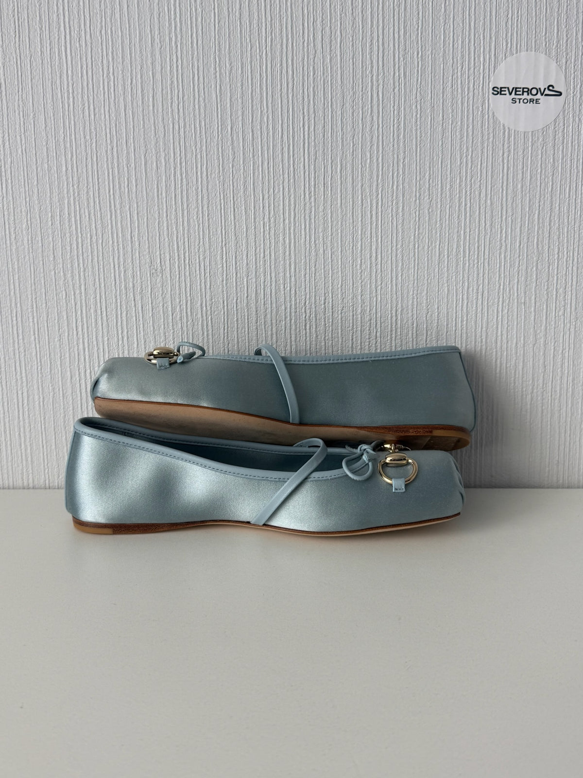 Gucci Light Blue Satin Horsebit Ankle Strap Bow Womens Ballet Flats