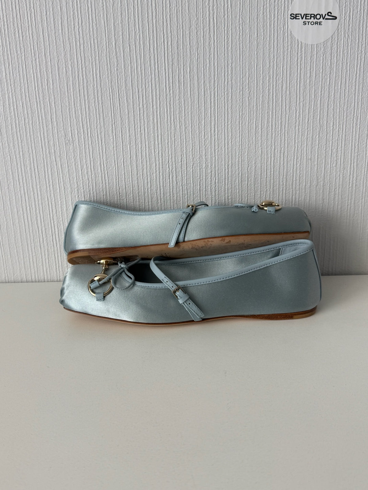 Gucci Light Blue Satin Horsebit Ankle Strap Bow Womens Ballet Flats