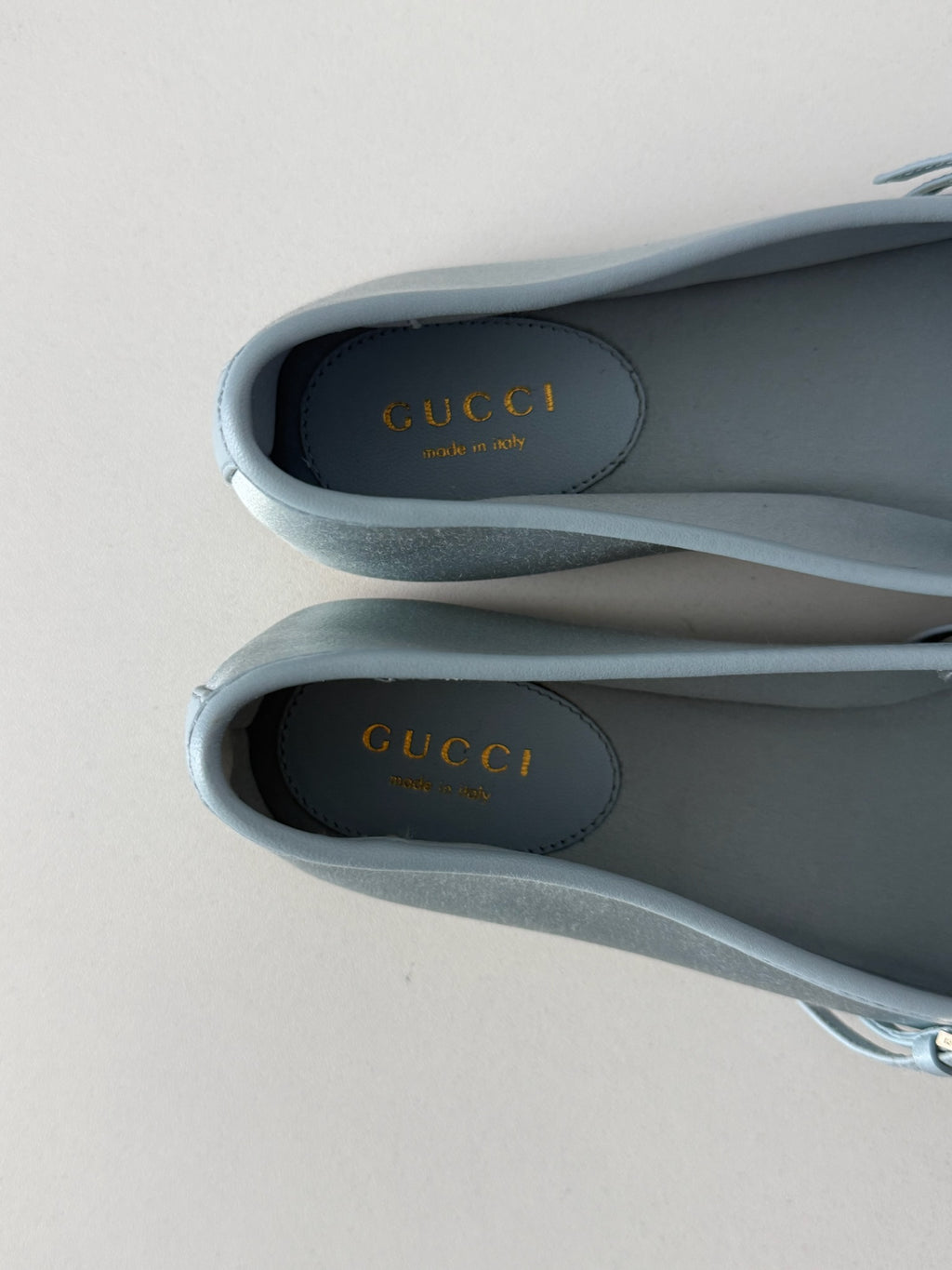 Gucci Light Blue Satin Horsebit Ankle Strap Bow Womens Ballet Flats