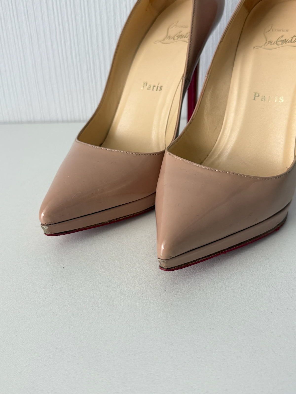 Christian Louboutin Nude Patent Leather Platform Stiletto Womens Pumps