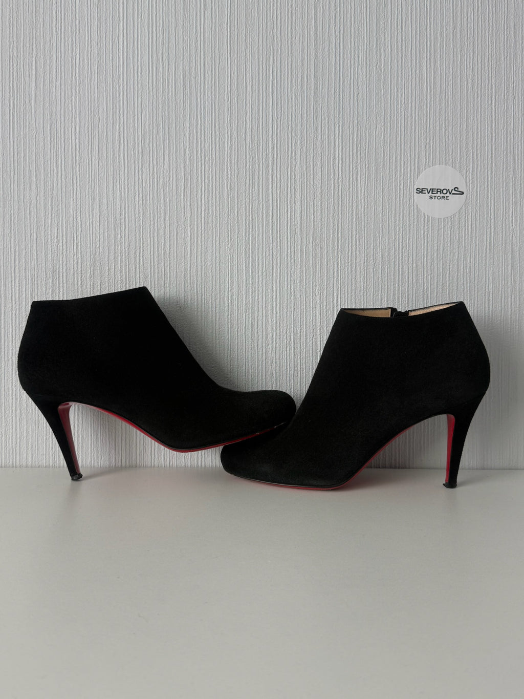 Christian Louboutin Black Suede Side Zip Heeled Womens Ankle Boots