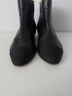 Chanel Black Leather Cap Toe Pearl Heel Womens Ankle Boots