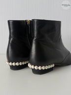 Chanel Black Leather Cap Toe Pearl Heel Womens Ankle Boots