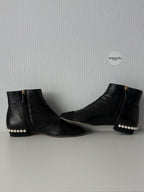 Chanel Black Leather Cap Toe Pearl Heel Womens Ankle Boots