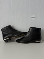 Chanel Black Leather Cap Toe Pearl Heel Womens Ankle Boots