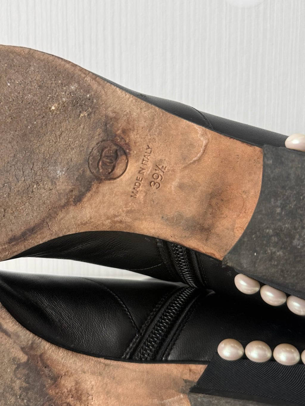 Chanel Black Leather Cap Toe Pearl Heel Womens Ankle Boots