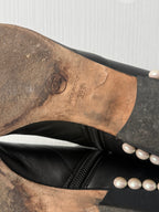 Chanel Black Leather Cap Toe Pearl Heel Womens Ankle Boots