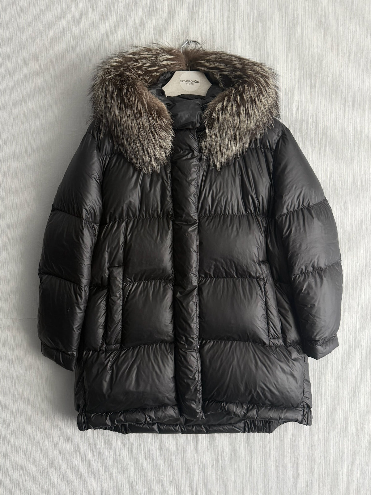 Prada Black Nylon Down Parka Womens Jacket with Real Fox Fur Hood
