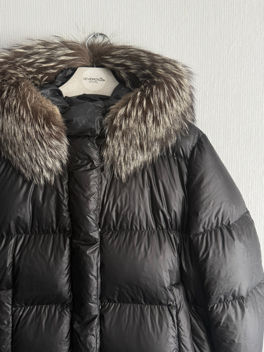 Prada Black Nylon Down Parka Womens Jacket with Real Fox Fur Hood