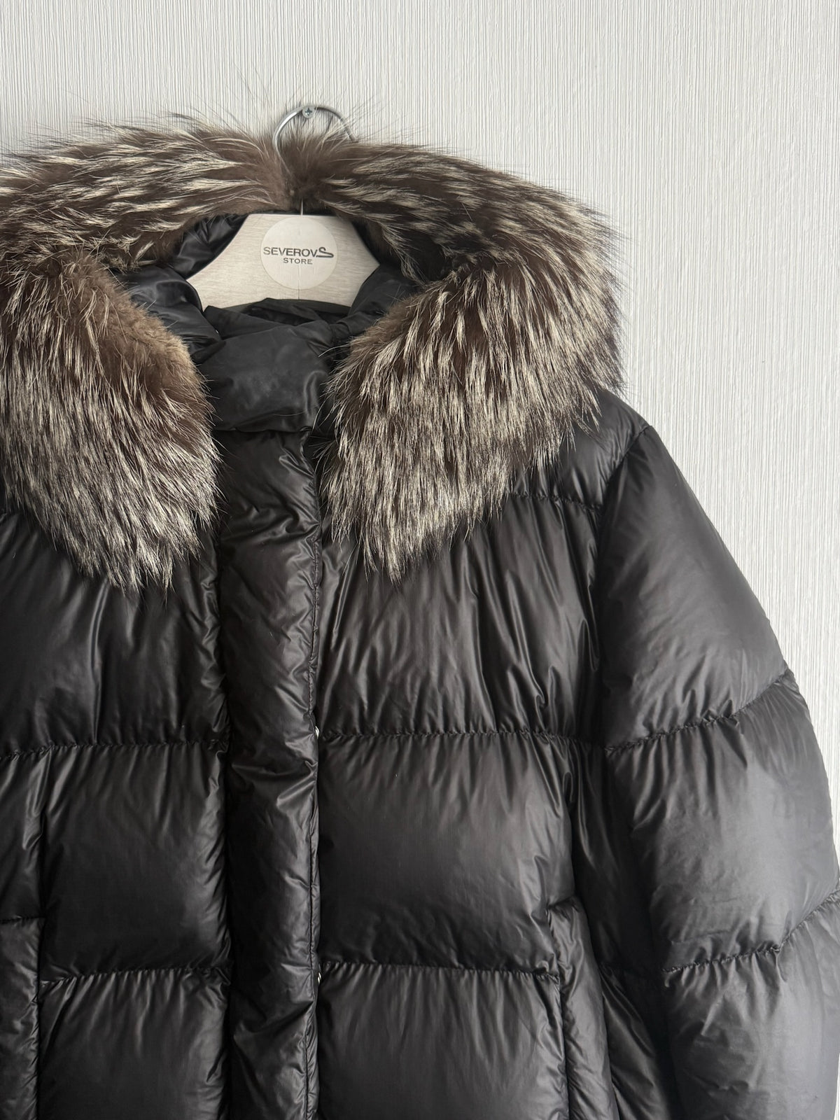 Prada Black Nylon Down Parka Womens Jacket with Real Fox Fur Hood