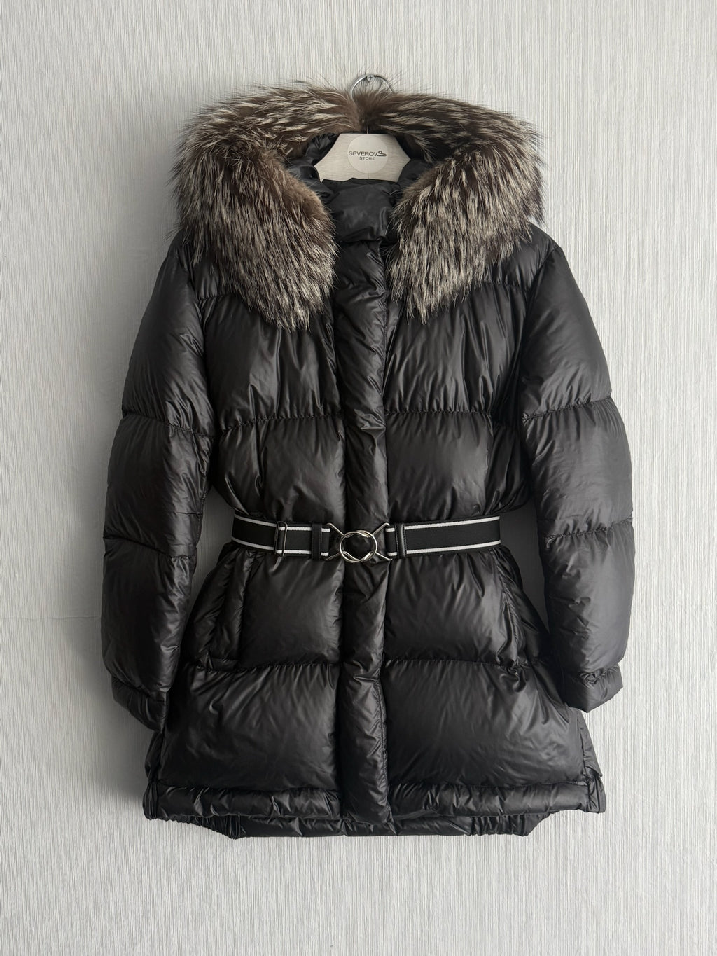 Prada Black Nylon Down Parka Womens Jacket with Real Fox Fur Hood