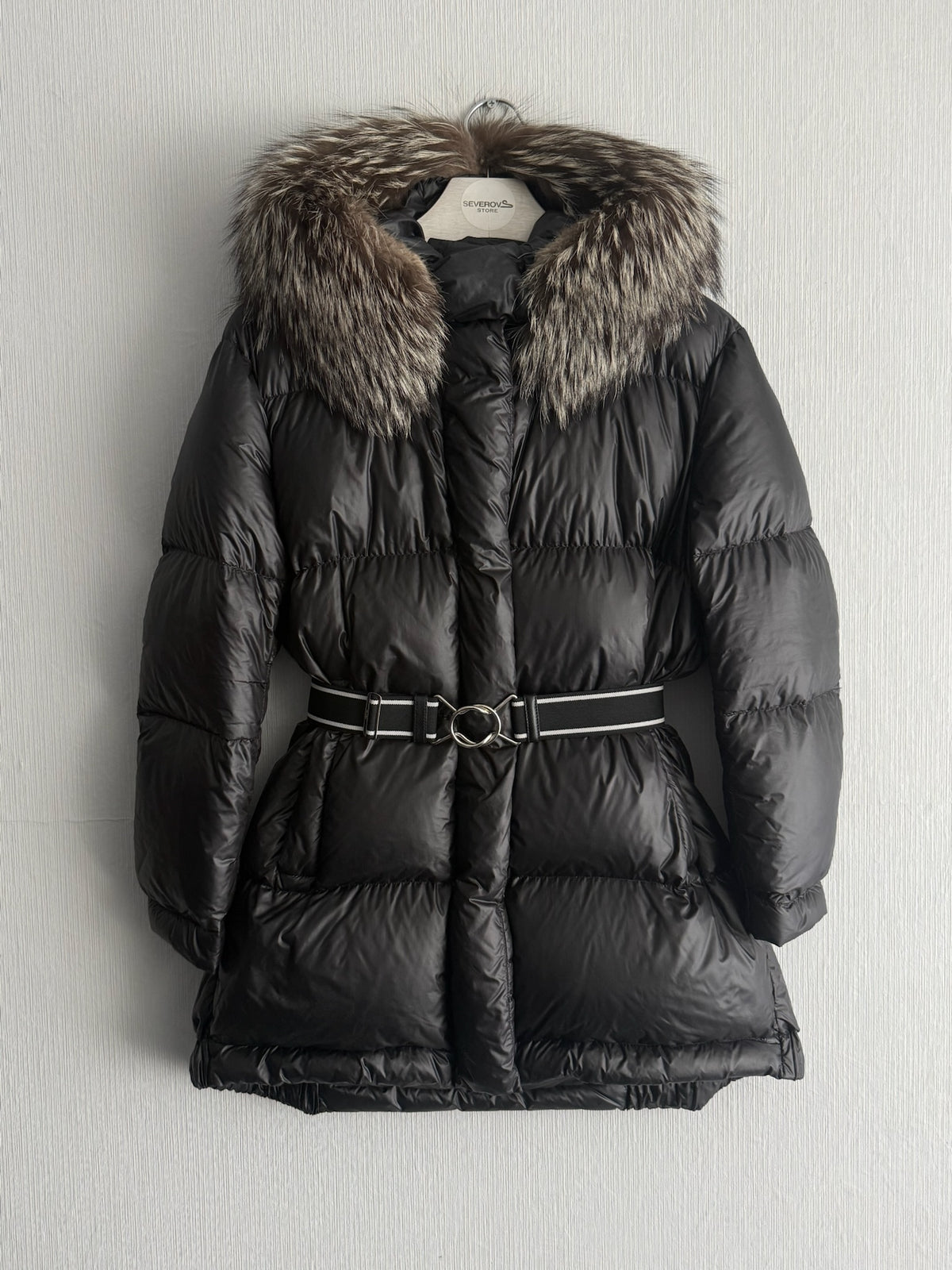 Prada Black Nylon Down Parka Womens Jacket with Real Fox Fur Hood