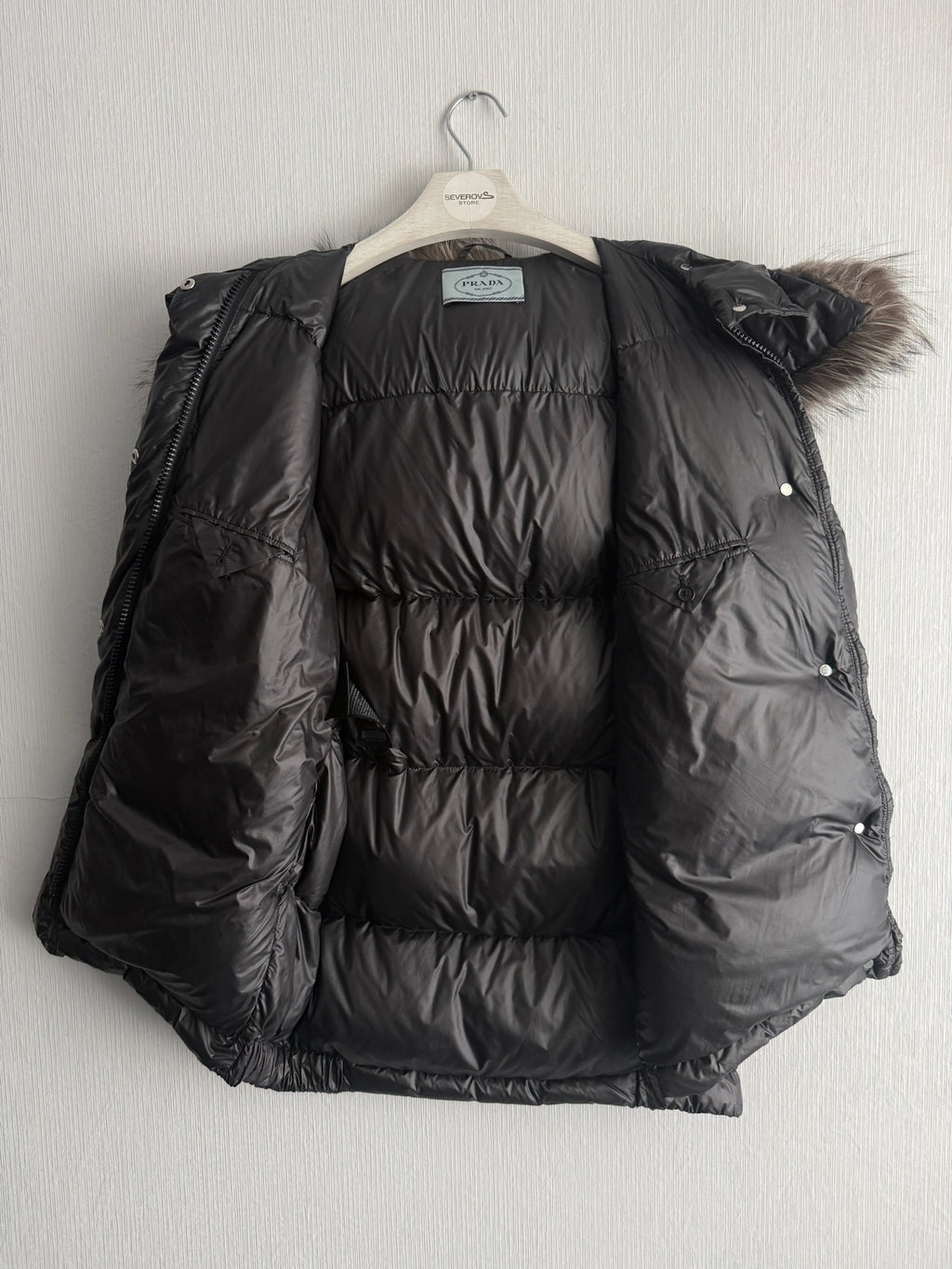 Prada Black Nylon Down Parka Womens Jacket with Real Fox Fur Hood