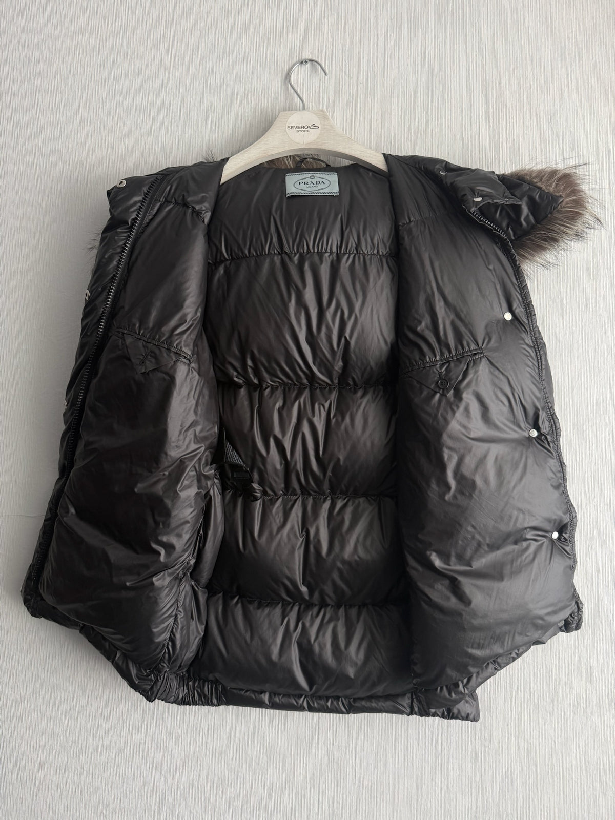 Prada Black Nylon Down Parka Womens Jacket with Real Fox Fur Hood
