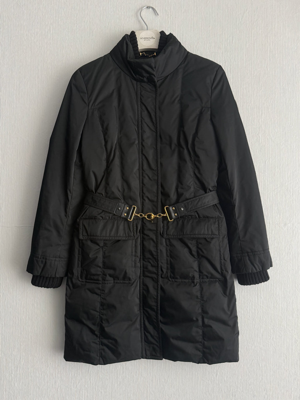 Gucci Black Nylon Down Belted Womens Coat with Gold Chain Belt