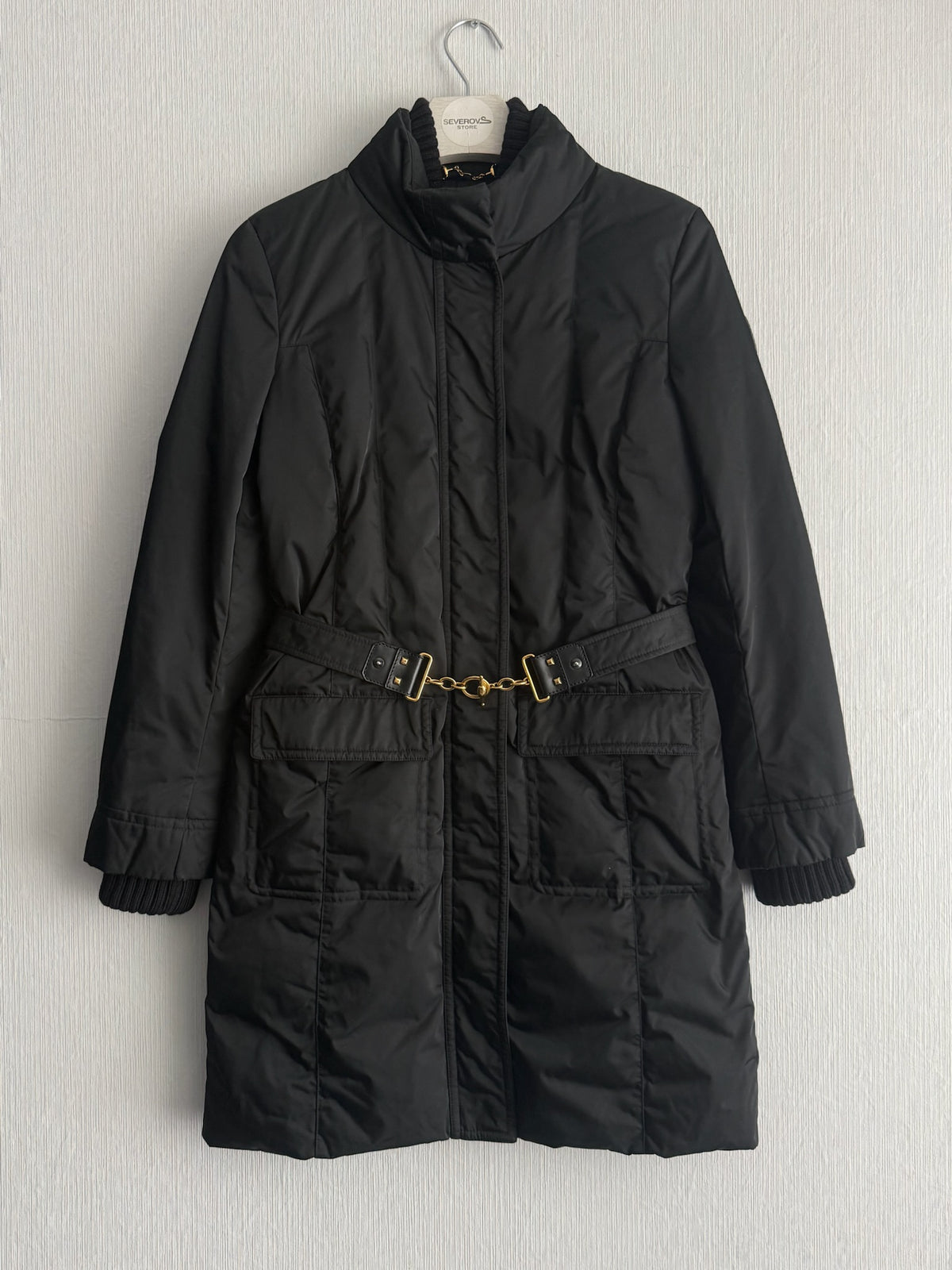 Gucci Black Nylon Down Belted Womens Coat with Gold Chain Belt