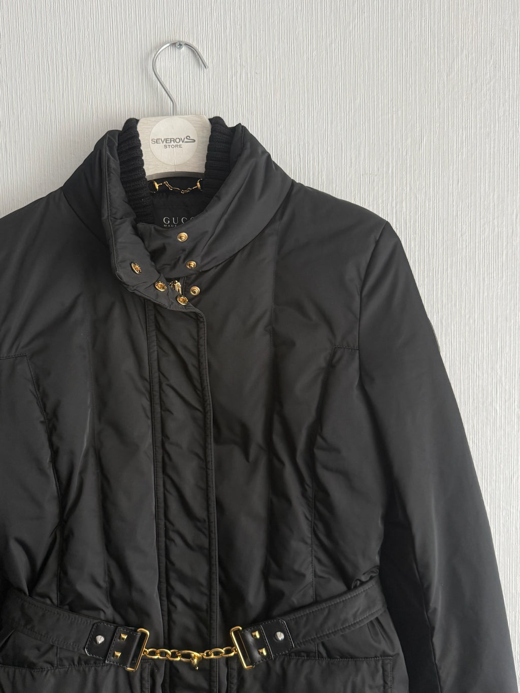 Gucci Black Nylon Down Belted Womens Coat with Gold Chain Belt
