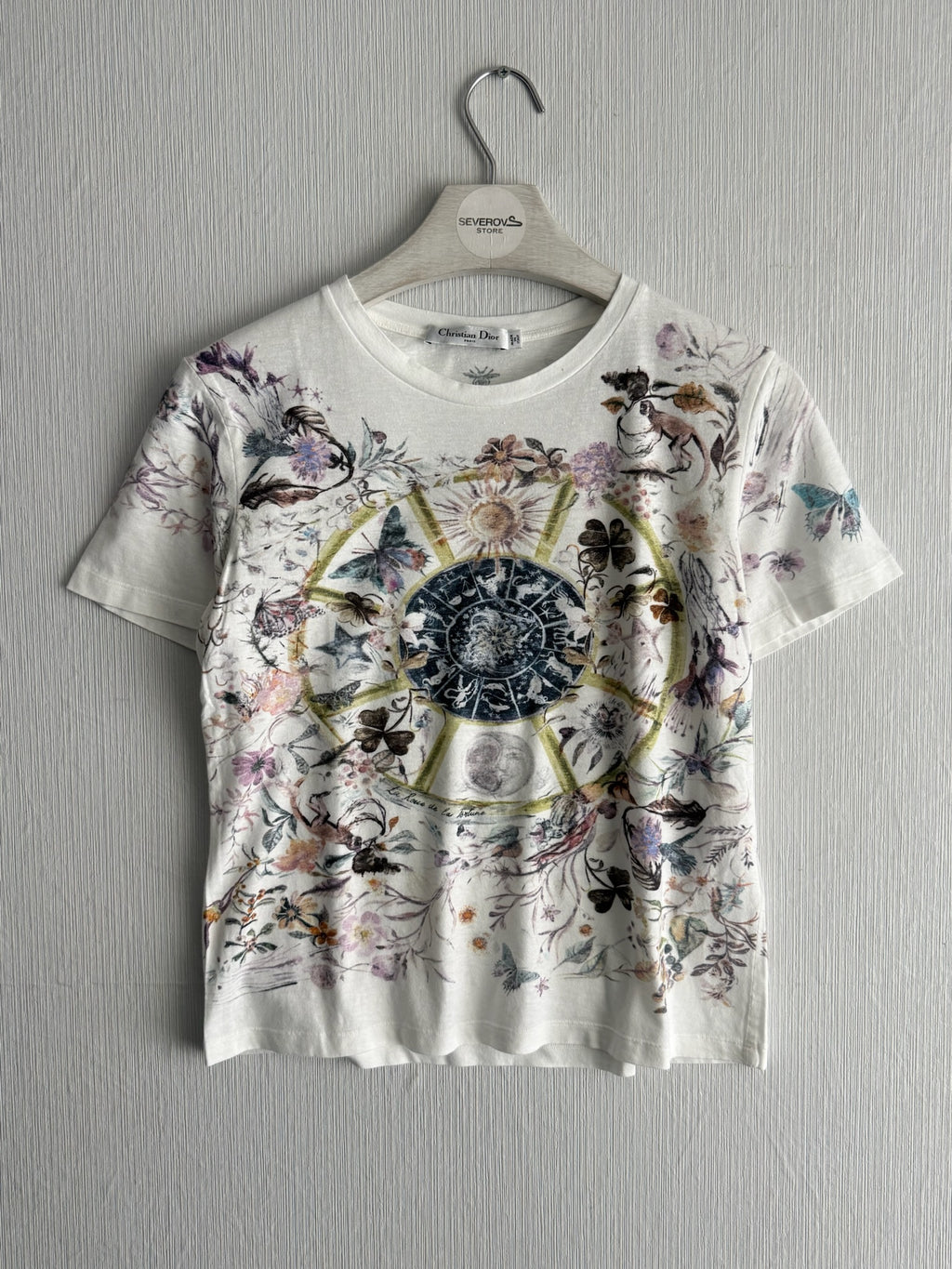 Christian Dior Floral Zodiac Print Cotton Linen Womens T-Shirt