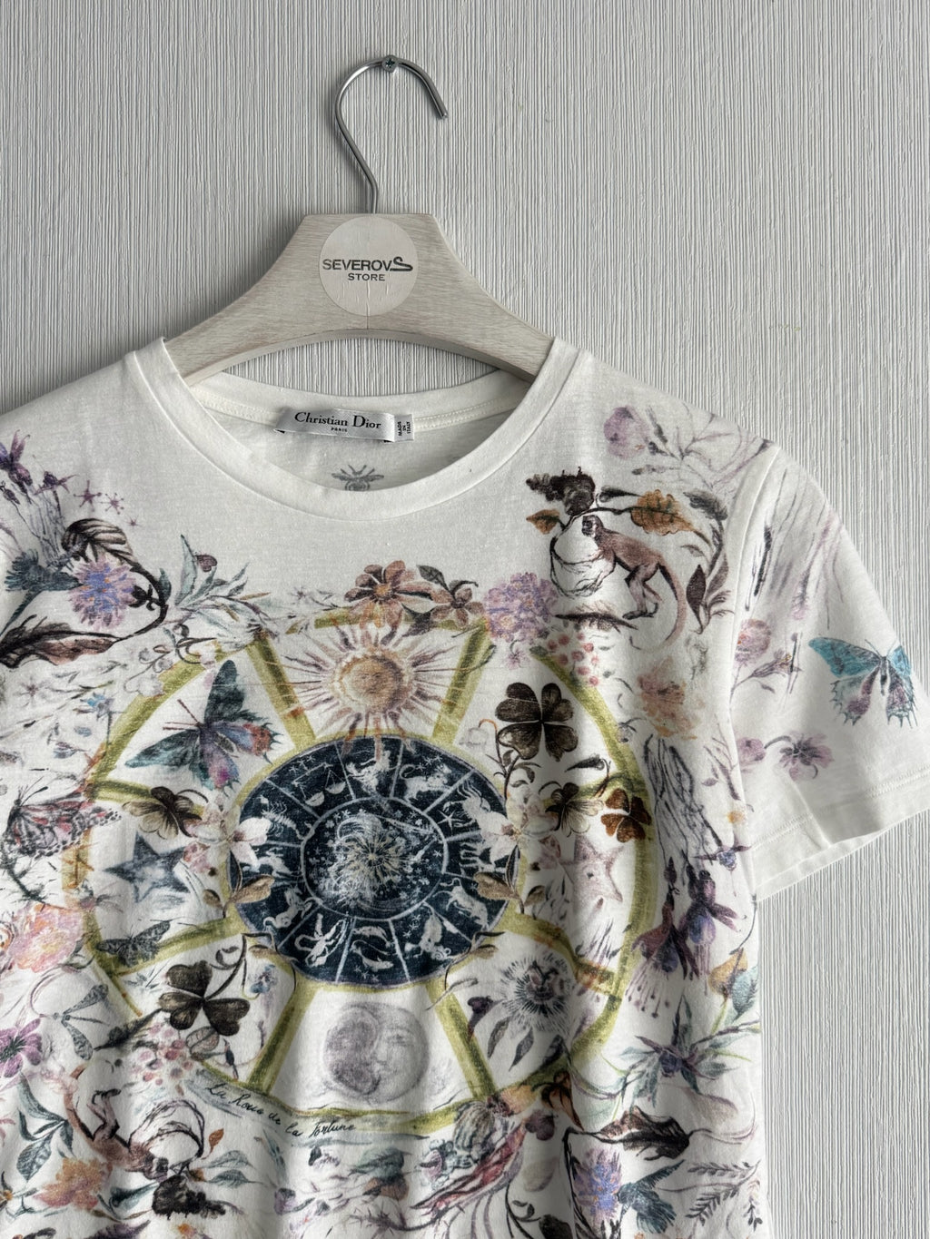 Christian Dior Floral Zodiac Print Cotton Linen Womens T-Shirt