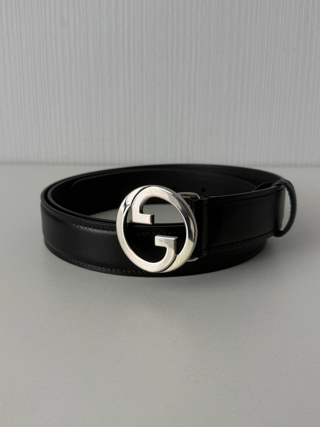 Gucci Black Leather Interlocking G Buckle Mens Belt