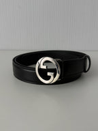 Gucci Black Leather Interlocking G Buckle Mens Belt