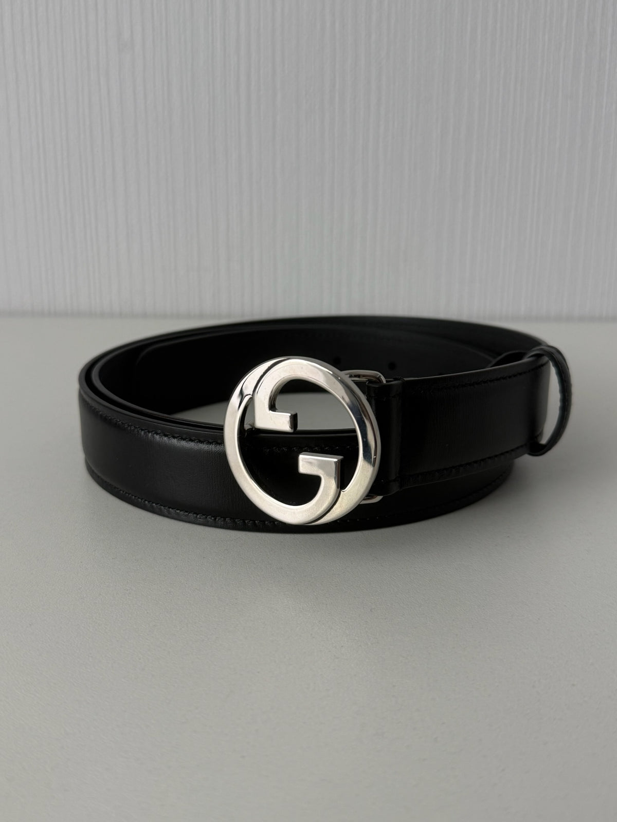 Gucci Black Leather Interlocking G Buckle Mens Belt
