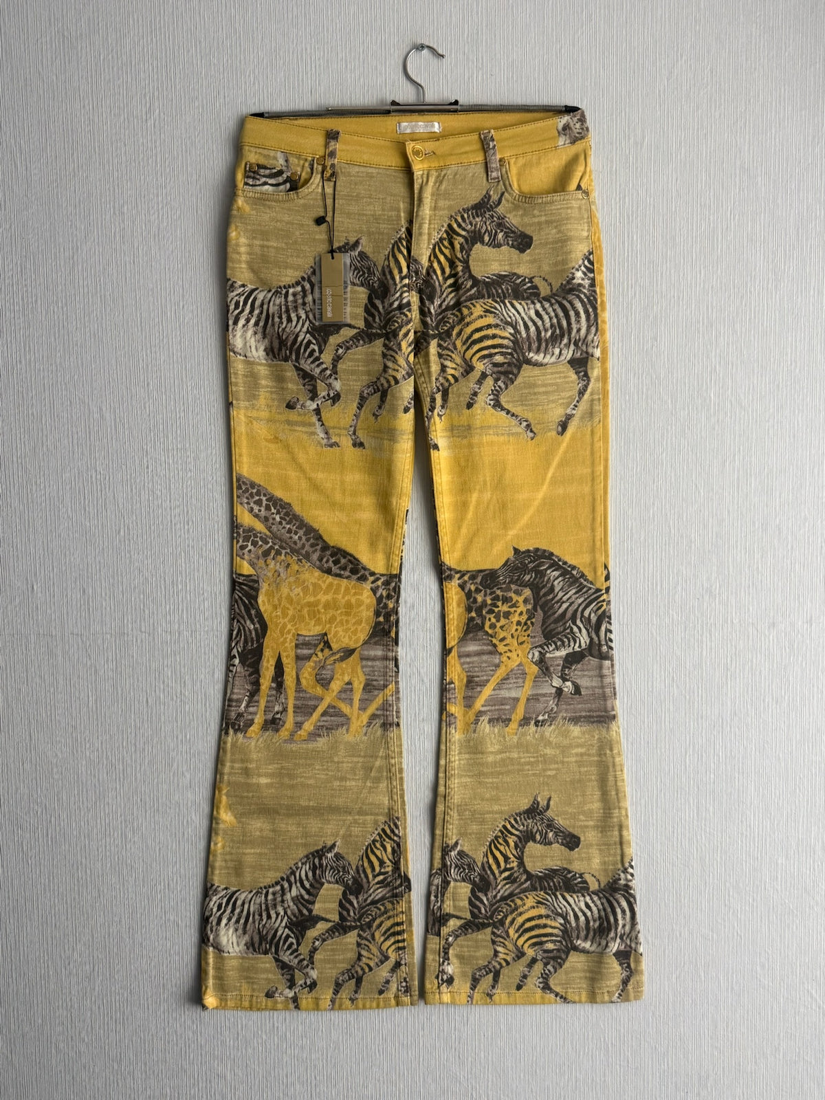 Roberto Cavalli Yellow Zebra Giraffe Print Cotton Flared Womens Jeans