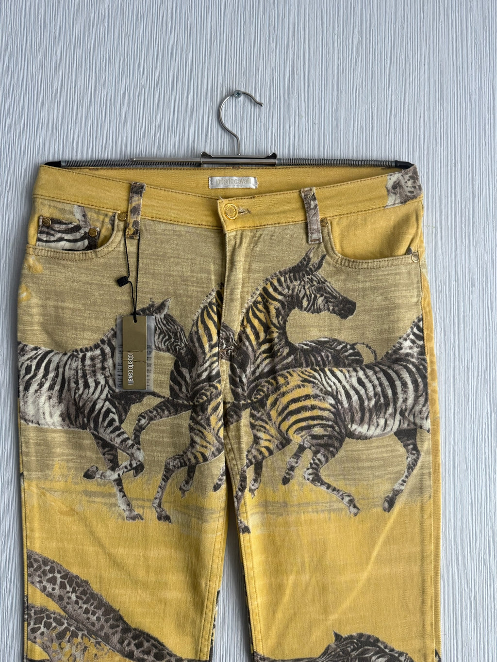 Roberto Cavalli Yellow Zebra Giraffe Print Cotton Flared Womens Jeans