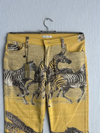 Roberto Cavalli Yellow Zebra Giraffe Print Cotton Flared Womens Jeans