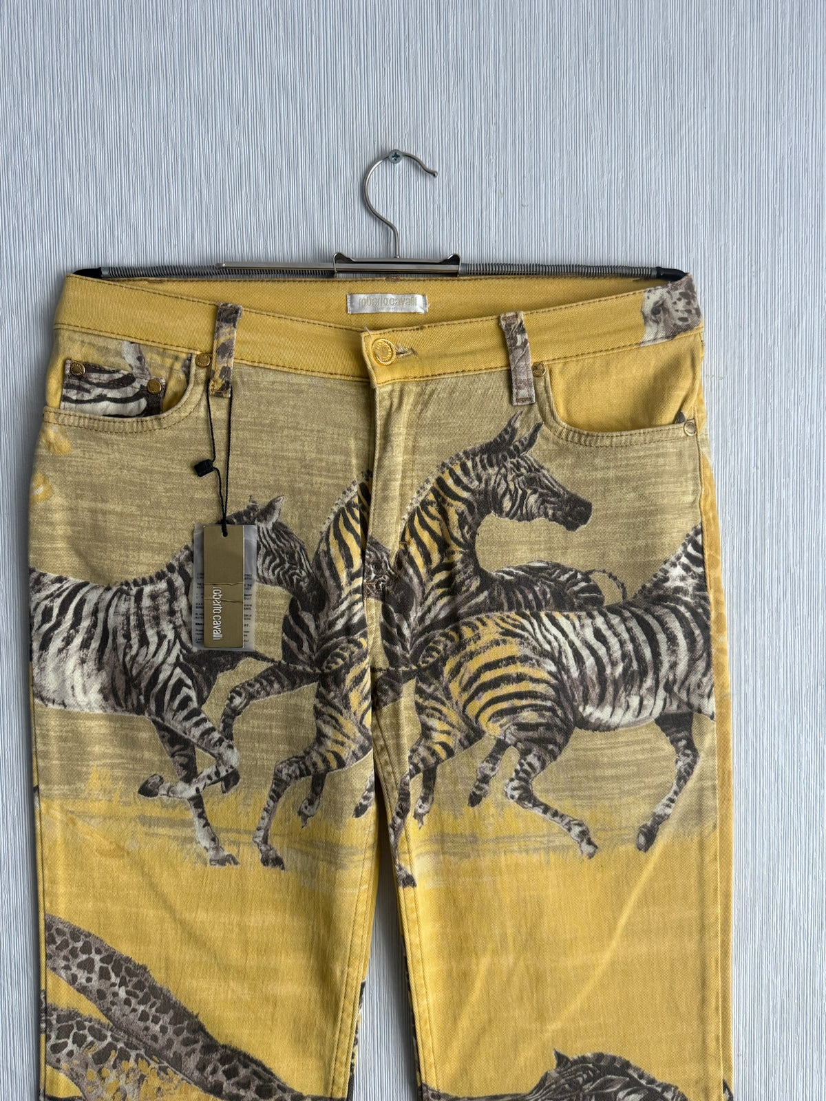 Roberto Cavalli Yellow Zebra Giraffe Print Cotton Flared Womens Jeans