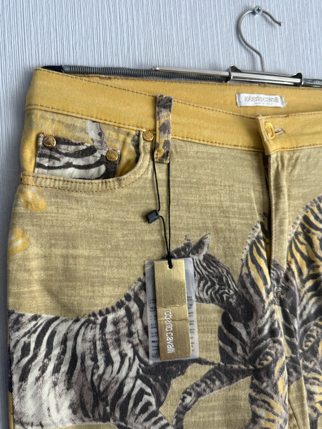Roberto Cavalli Yellow Zebra Giraffe Print Cotton Flared Womens Jeans