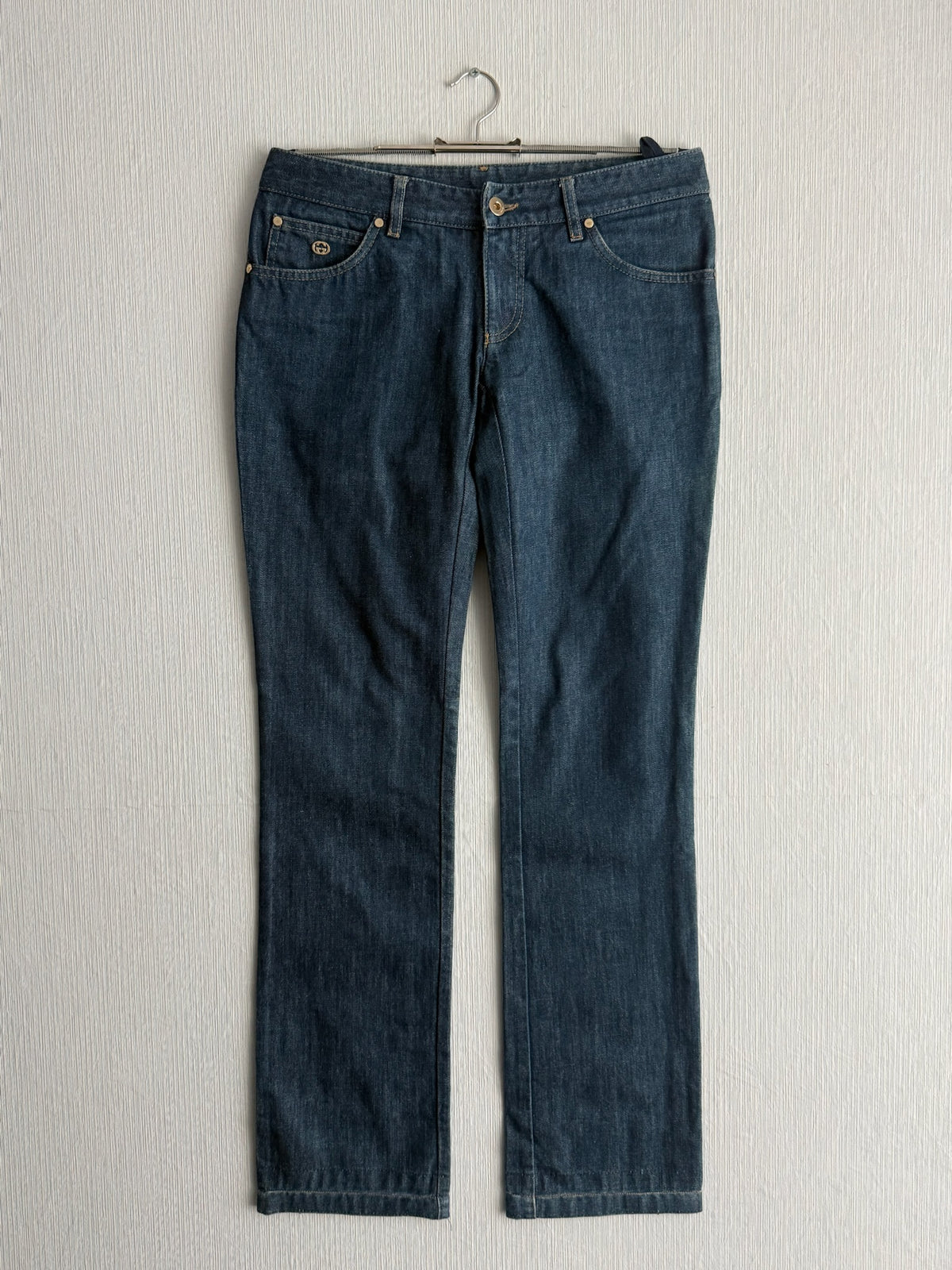 Gucci Indigo Denim Interlocking G Logo Low Rise Straight Leg Womens Jeans