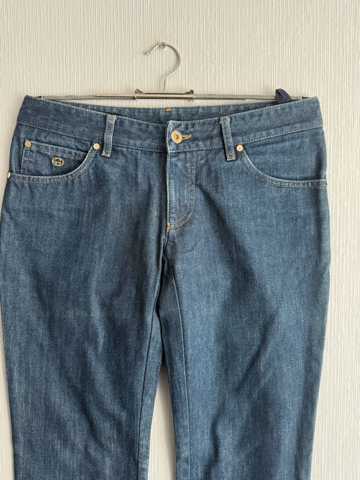 Gucci Indigo Denim Interlocking G Logo Low Rise Straight Leg Womens Jeans