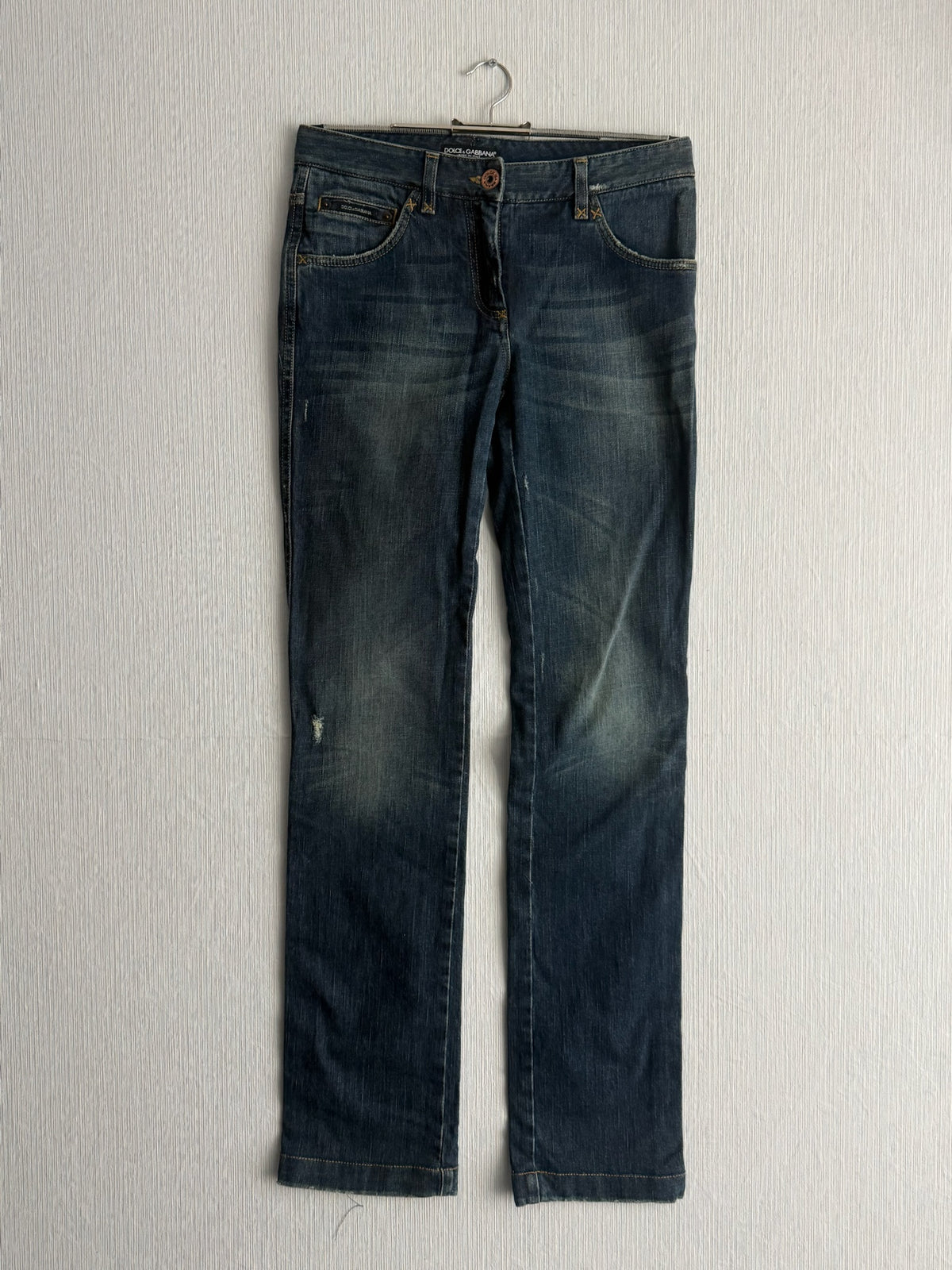 Dolce & Gabbana Dark Blue Washed Cotton Distressed Straight Leg Womens Jeans