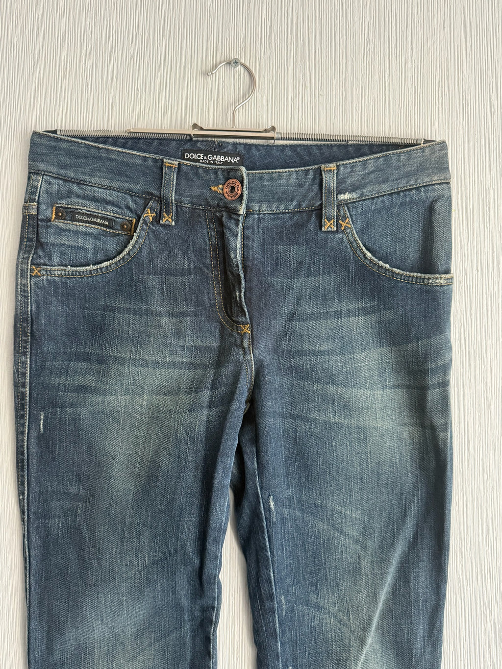 Dolce & Gabbana Dark Blue Washed Cotton Distressed Straight Leg Womens Jeans