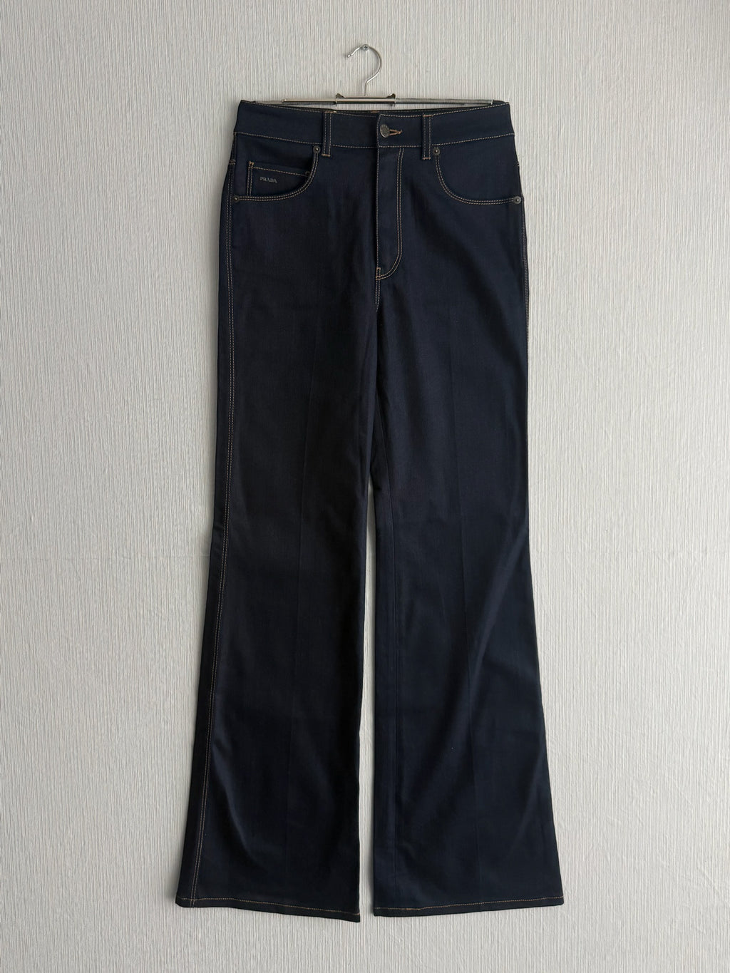 Prada Dark Indigo Cotton High Rise Flared Womens Jeans